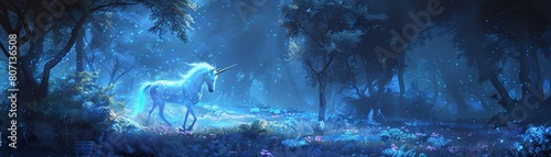 Imagine a cybernetic unicorn galloping amidst a luminous forest photo