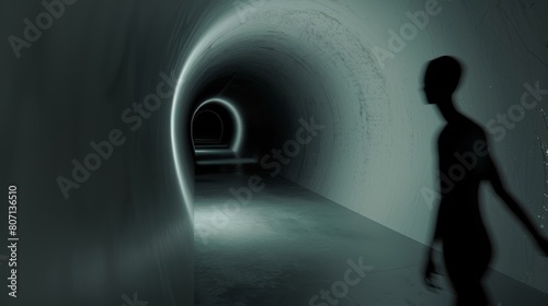 A person is walking through a dark tunnel