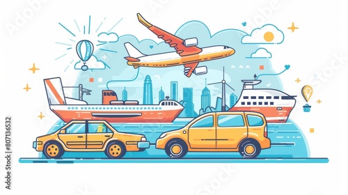 Various forms of transportation  car  plane  ship. An online tour booking concept.