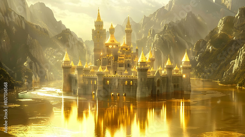 A castle surrounded by a moat of liquid gold, its towers gleaming in the sunlight. photo