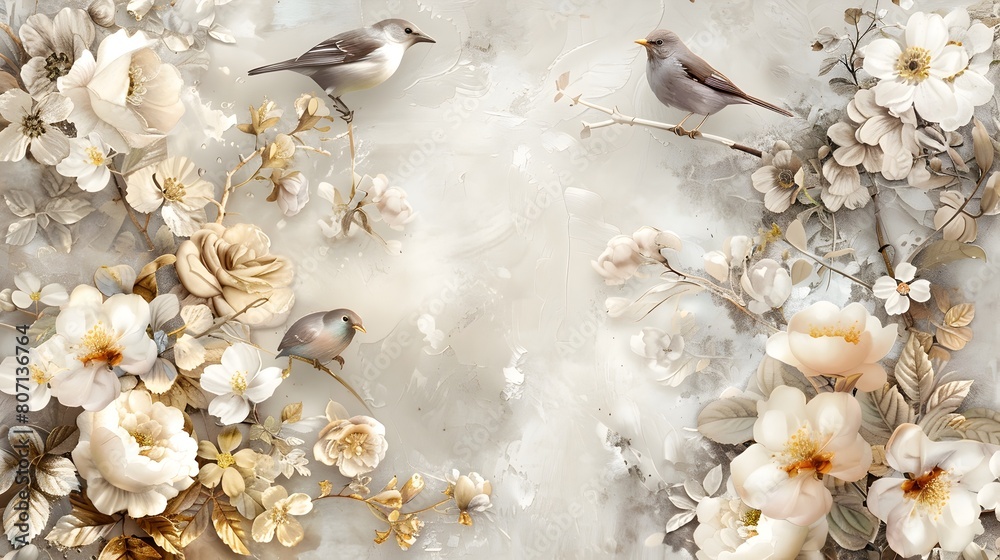 Fototapeta premium Delicate Floral Painting with Birds in Soft Beige and White Tones Capturing the Beauty of Nature