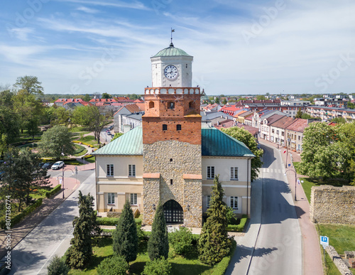 Wielun, Poland. Aerial view of Krakow Gate (Brama Krakowska) and City Hall (Ratusz Miejski) photo