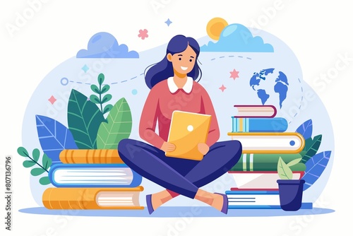 A woman is sitting with a laptop open in front of a stack of books, woman in front of a laptop sitting with books on online learning, Simple and minimalist flat Vector Illustration © ArtfuIInfusion769