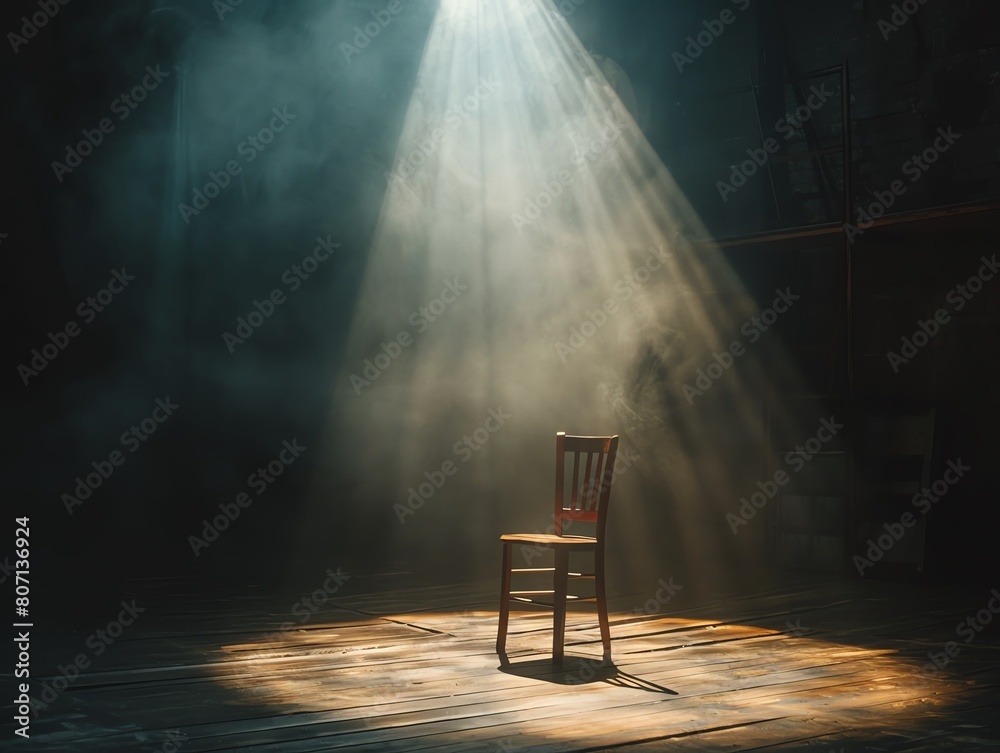 Atmospheric shot of a dark stage with a single empty chair under a ...