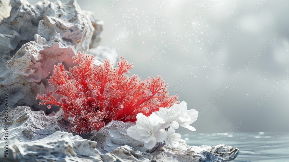 Stunning ruby tree with crystal blossoms on a rugged cliff against a blurred waterfall backdrop captures nature's beauty and resilience Stunning ruby tree with crystal blossoms on a rugged cliff against a blurred waterfall backdrop captures nature's beauty and resilience
