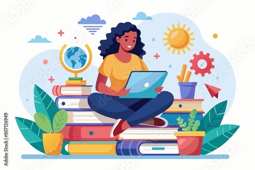 A woman is sitting with a laptop open in front of a stack of books, woman in front of a laptop sitting with books on online learning, Simple and minimalist flat Vector Illustration