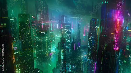 A cityscape bathed in perpetual twilight, with skyscrapers adorned with pulsating neon accents photo