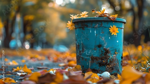 Decaying Floral Bucket in Autumn Woodland Landscape