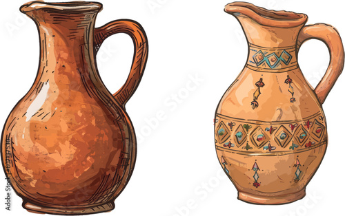 Ceramic jug in traditional style. Hand drawn clay pitcher