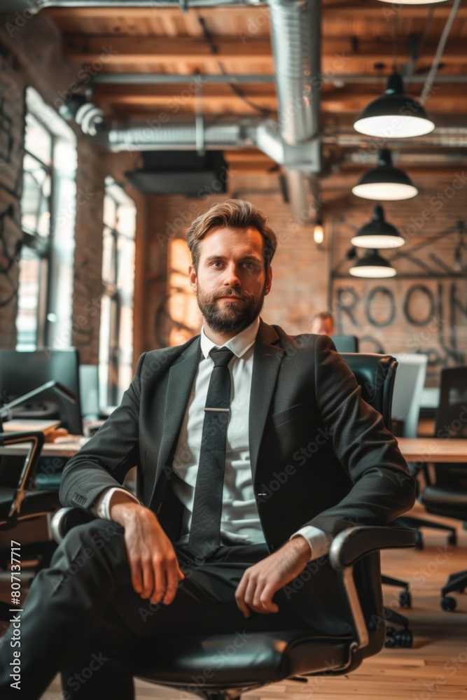 Portrait of a young businessman sitting in a chair in a modern office Portrait of a young businessman sitting in a chair in a modern office