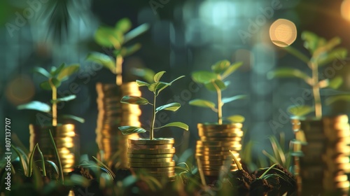 Investment concept, Coins stacked on each other in different positions, with bokeh background.