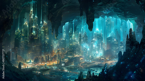 A cityscape nestled within the confines of a massive underground cavern, illuminated by luminescent crystals