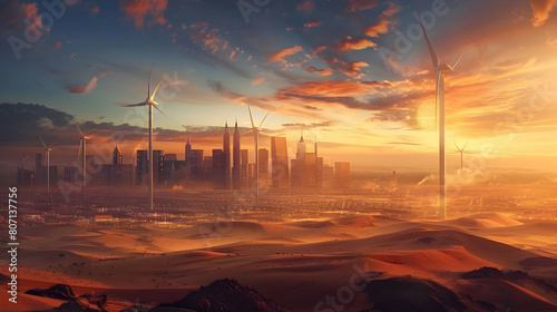 A cityscape surrounded by vast deserts  with towering wind turbines harvesting renewable energy