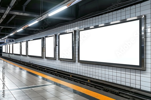 a subway station advertisement board with a clean and modern design, glossy white tiles on the walls