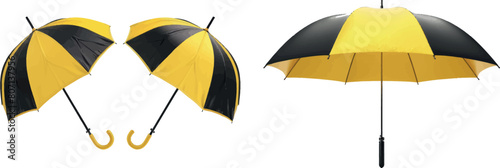 Realistic umbrella. Waterproof umbel, 3d black white yellow fabric umbrellas blank mockup