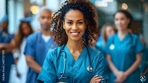 A diverse group of healthcare professionals, including doctors and nurses of various ethnicities, ages, and genders, working together in a hospital setting photo