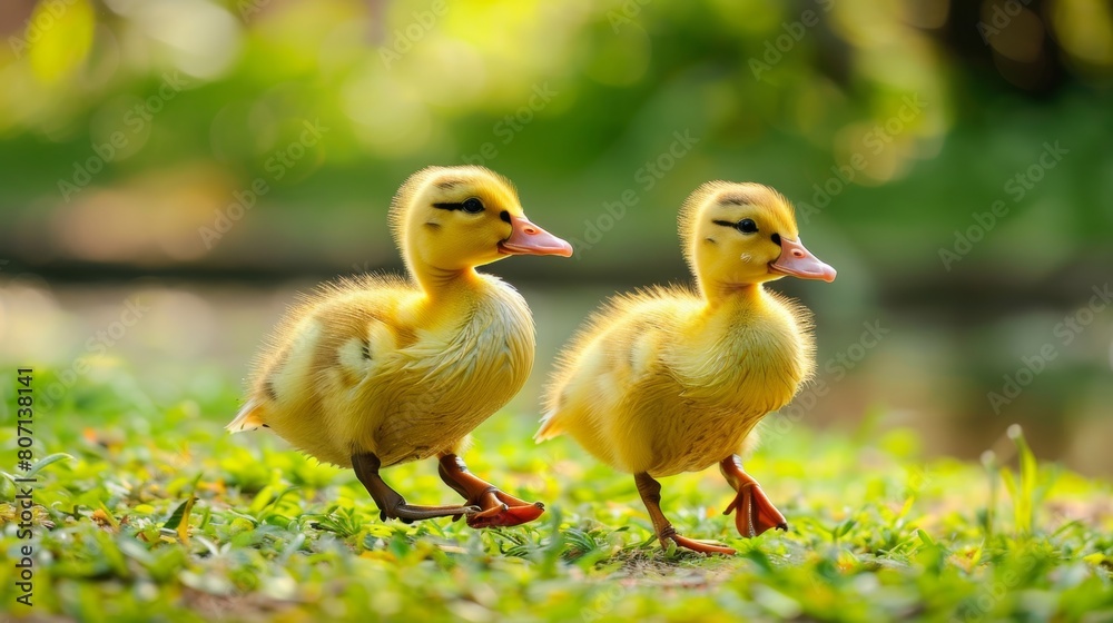 Two charming ducklings enjoying a delightful moment as they stroll through the lush green meadow Two charming ducklings enjoying a delightful moment as they stroll through the lush green meadow