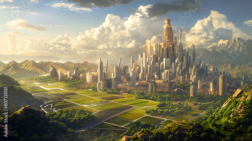 A cityscape where advanced terraforming technology transforms barren landscapes into fertile farmland