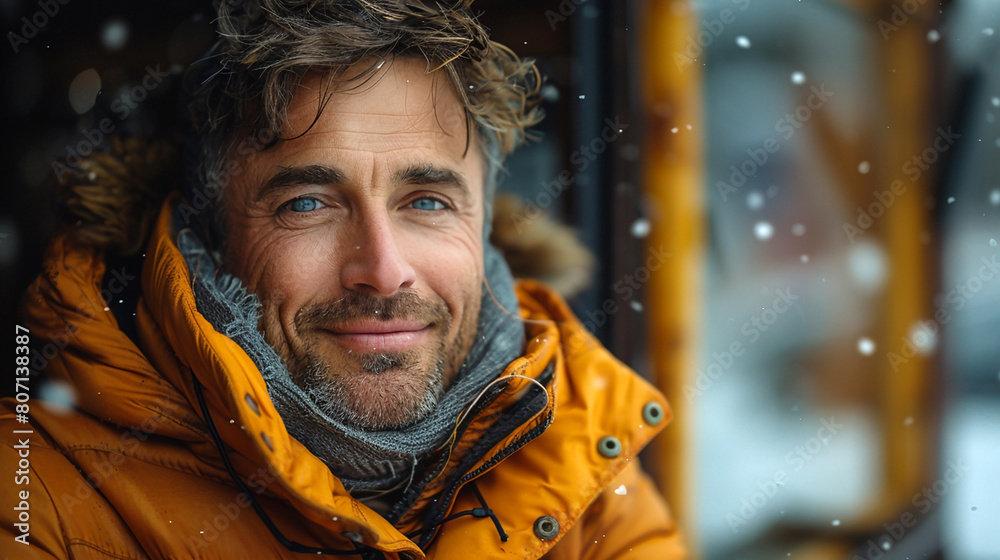 A wide closeup photo of a matured man with beard standing outside wearing a yellow color jacket and cap, a cold winter day with a pretty smile in a snow flowing background A wide closeup photo of a matured man with beard standing outside wearing a yellow color jacket and cap, a cold winter day with a pretty smile in a snow flowing background