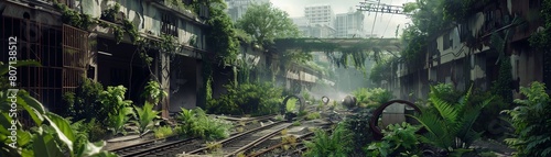 Transport viewers to a dystopian future where nature clashes with industrial decay in a surreal landscape Experiment with unique camera angles to present a disorienting yet mesmeri photo