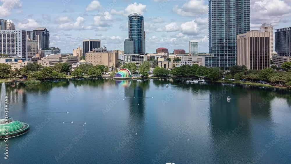 Aerial time-lapse video of downtown Orlando, Florida, USA. over Lake Eola. May 4, 2024. 
