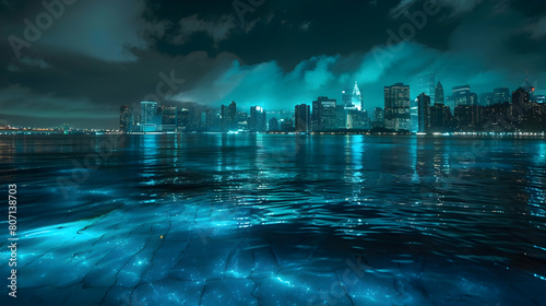 A cityscape where bioluminescent algae transform the ocean into a shimmering sea of light at night