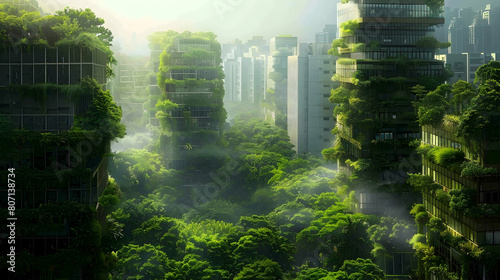 A cityscape where buildings are covered in lush vegetation  creating a verdant urban jungle