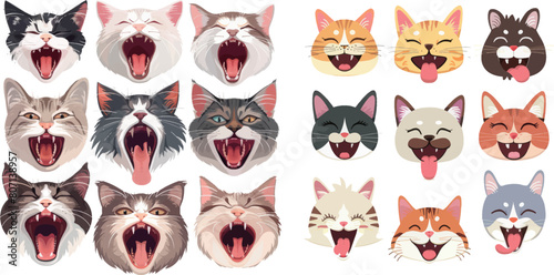 Cats mouth emotions. Cat happiness pet faces with hanging tongue nose moustache