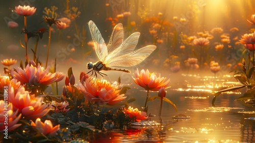 A dragonfly flies through a magical garden filled with huge flowers. photo