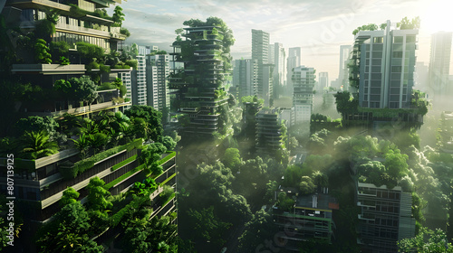 A cityscape where buildings are covered in lush vegetation, creating a verdant urban jungle