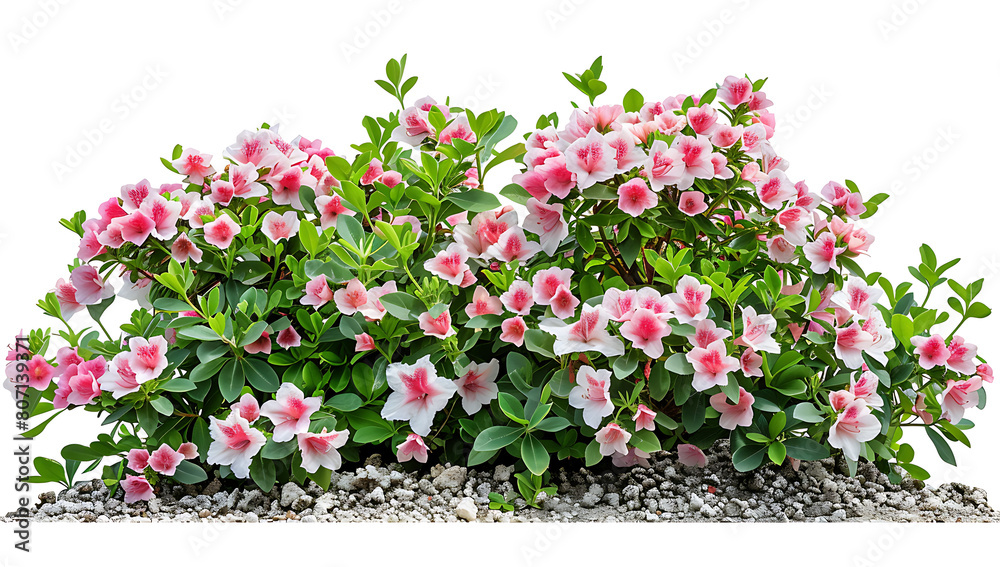  A large bush of pink and white Azalea flowers with green leaves, in the garden, on pebbles at ground level, on an isolated white background