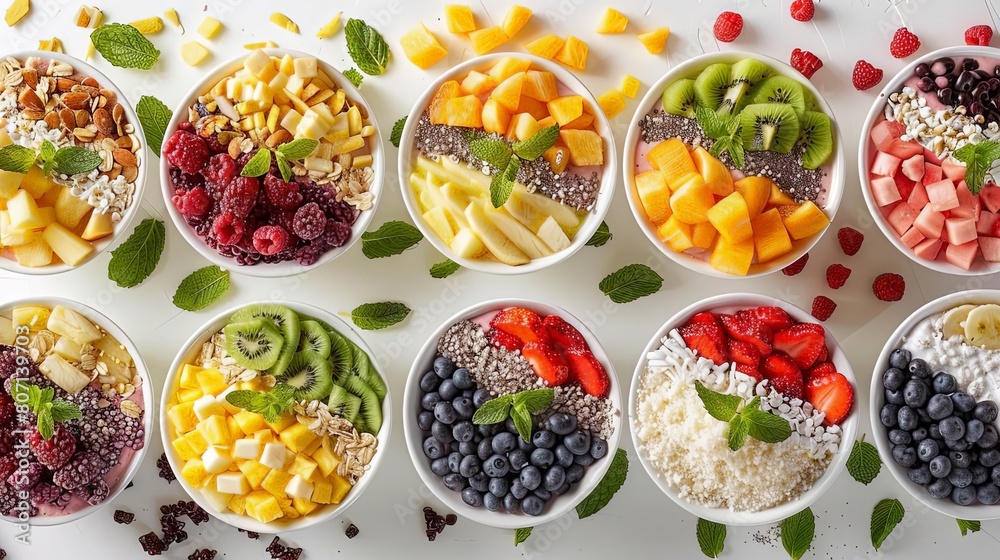 rainbow fruit smoothie bowl bar on isolated background featuring a variety of fruits including sliced strawberries, black blueberries, and a mix of white and round bowls