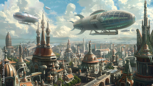 A cityscape where massive airships dock atop towering spires, serving as luxurious residences and entertainment venues photo