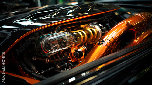 Muted studio lighting sets off the details of the customized intake manifold in high-performance vehicles photo