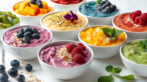 rainbow fruit smoothie bowl bar on transparent background, featuring fresh strawberries, blueberries, and raspberries in white bowls