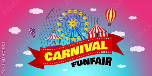 Carnival funfair horizontal banner design template. Amusement park with circus, carousels, roller coaster, attractions on festive ribbon with inscription. Fun fair festival poster. Vector illustration