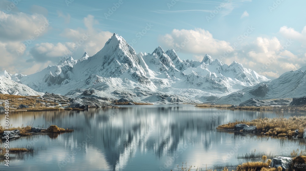 Majestic snow-capped mountains reflecting on a serene highland lake under a clear blue sky in a pristine natural landscape
