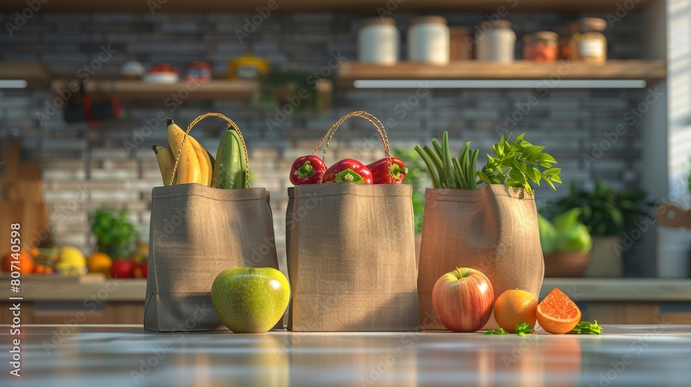 Fresh groceries in eco-friendly paper bags on a modern kitchen counter, showcasing a healthy lifestyle Fresh groceries in eco-friendly paper bags on a modern kitchen counter, showcasing a healthy lifestyle