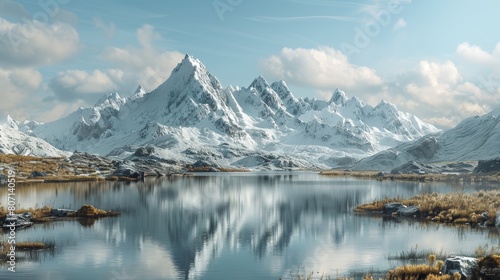 Majestic snow-capped mountains reflecting on a serene highland lake under a clear blue sky in a pristine natural landscape © lemoncraft