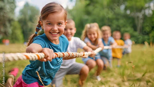 Children playing tug of war at park, summer day. Teamwork and childhood concept. Design for poster, banner. photo
