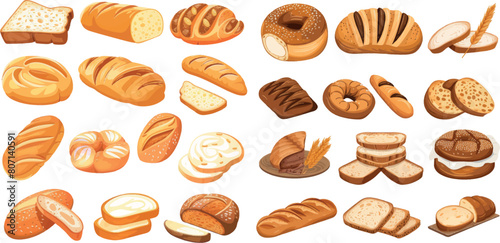 bread collection. Cuisine cartoon bakery food, bagel and baguette, wheat bread slices for breakfast