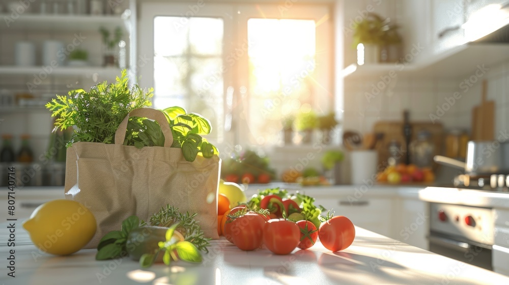 Fresh groceries in eco-friendly paper bags on a modern kitchen counter, showcasing a healthy lifestyle Fresh groceries in eco-friendly paper bags on a modern kitchen counter, showcasing a healthy lifestyle
