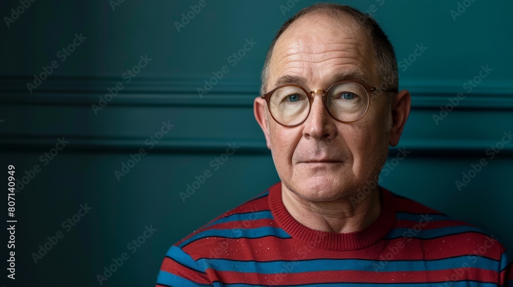Obraz premium A tight shot of someone wearing glasses and a red-and-blue-striped shirt against a green backdrop