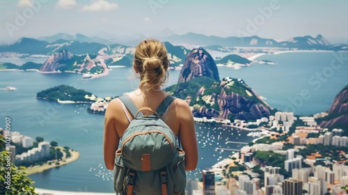 Rear view of traveler girl enjoying view of famous Guanabara Bay with Sugarloaf Mountain in Rio de Janeiro, Brazil 