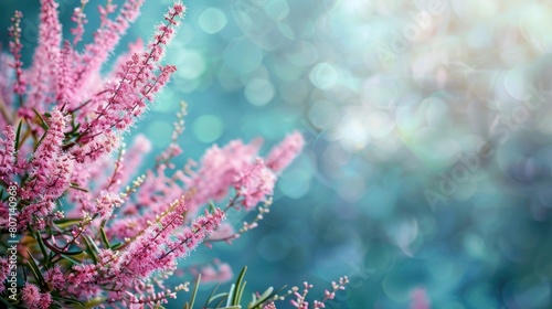 Beautiful pink heath flowers of erica plant on blur background. Generated AI image