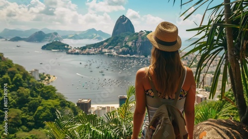 Rear view of traveler girl enjoying view of famous Guanabara Bay with Sugarloaf Mountain in Rio de Janeiro, Brazil 