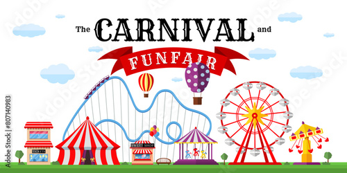 Carnival funfair horizontal banner. Amusement park with circus, carousels, roller coaster, attractions on white backdrop. Festive theme design template. Fun fair festival poster. Vector illustration