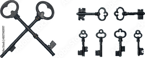 Old key set isolated on blue background. vintage black crossed keys for safe logo or door access signs