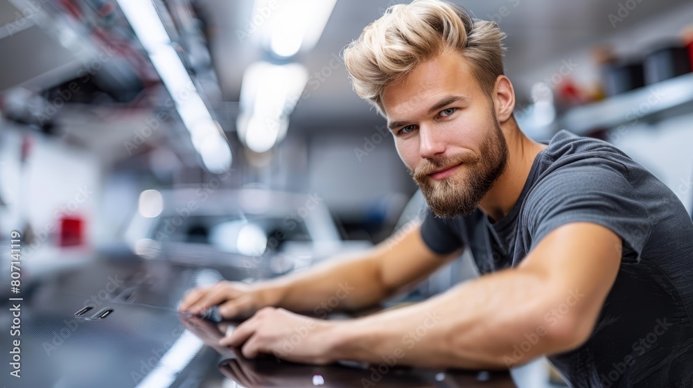 A bearded man, seated at a table, holds a remote control and gazes into the camera A bearded man, seated at a table, holds a remote control and gazes into the camera
