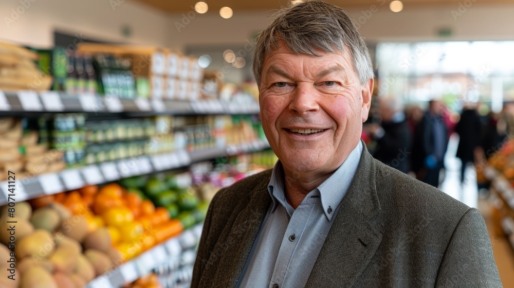 Fototapeta premium A man stands before the fruit and veg section of a grocery store, facing a row of shelved fruits and vegetables